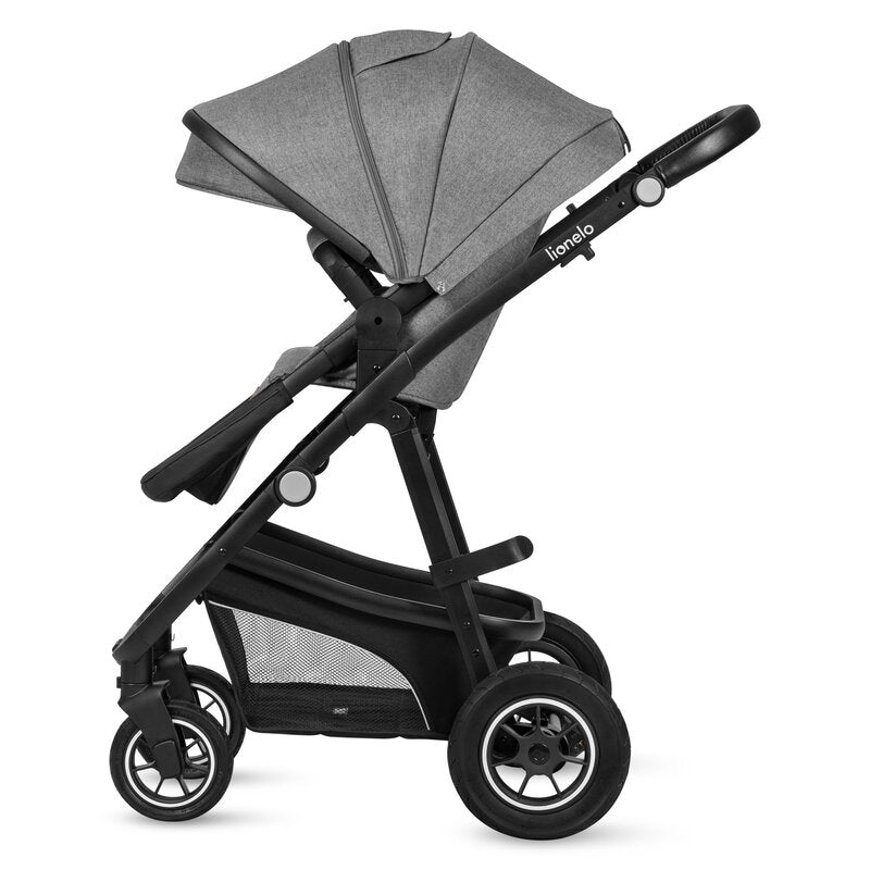 Carucior 3 in 1, Lionelo, Bianka, Transformabil, Cadru aluminiu, Cu landou si salteluta moale, Cu scoica auto, Cu multiple accesorii, Sustine 22 kg, 0 luni+, EN1466:2014+AC:2015, EN1888, Gri