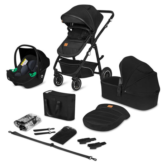Carucior 3 in 1, Lionelo, Bianka, Transformabil, Cadru aluminiu, Cu landou si salteluta moale, Cu scoica auto, Cu multiple accesorii, Sustine 22 kg, 0 luni+, EN1466:2014+AC:2015, EN1888, Negru