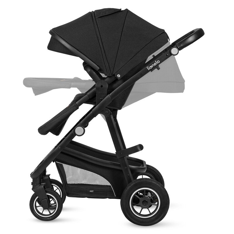 Carucior 3 in 1, Lionelo, Bianka, Transformabil, Cadru aluminiu, Cu landou si salteluta moale, Cu scoica auto, Cu multiple accesorii, Sustine 22 kg, 0 luni+, EN1466:2014+AC:2015, EN1888, Negru