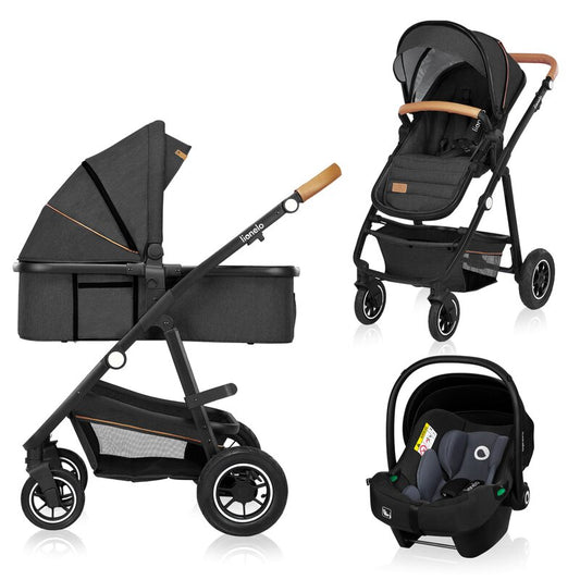 Carucior 3 in 1, Lionelo, Amber, Cadru aluminiu, Cu landou intarit si salteluta moale, Cu scoica auto testata ADAC, Reversibil, Cu accesorii, Geanta parinti, Pana la 22 kg, Gri Inchis