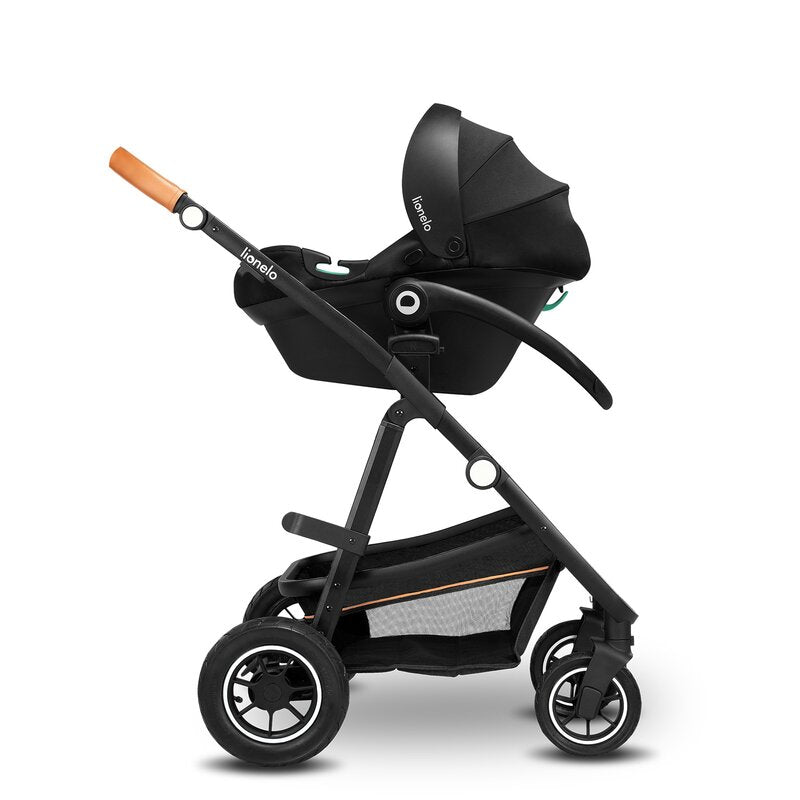 Carucior 3 in 1, Lionelo, Amber, Cadru aluminiu, Cu landou intarit si salteluta moale, Cu scoica auto testata ADAC, Reversibil, Cu accesorii, Geanta parinti, Pana la 22 kg, Gri Inchis