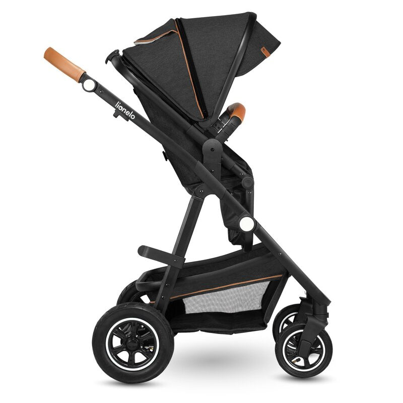 Carucior 3 in 1, Lionelo, Amber, Cadru aluminiu, Cu landou intarit si salteluta moale, Cu scoica auto testata ADAC, Reversibil, Cu accesorii, Geanta parinti, Pana la 22 kg, Gri Inchis