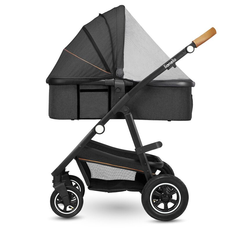 Carucior 3 in 1, Lionelo, Amber, Cadru aluminiu, Cu landou intarit si salteluta moale, Cu scoica auto testata ADAC, Reversibil, Cu accesorii, Geanta parinti, Pana la 22 kg, Gri Inchis