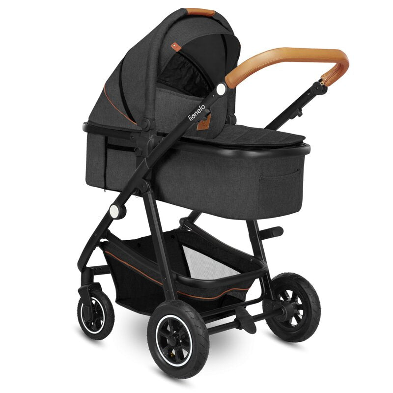 Carucior 3 in 1, Lionelo, Amber, Cadru aluminiu, Cu landou intarit si salteluta moale, Cu scoica auto testata ADAC, Reversibil, Cu accesorii, Geanta parinti, Pana la 22 kg, Gri Inchis