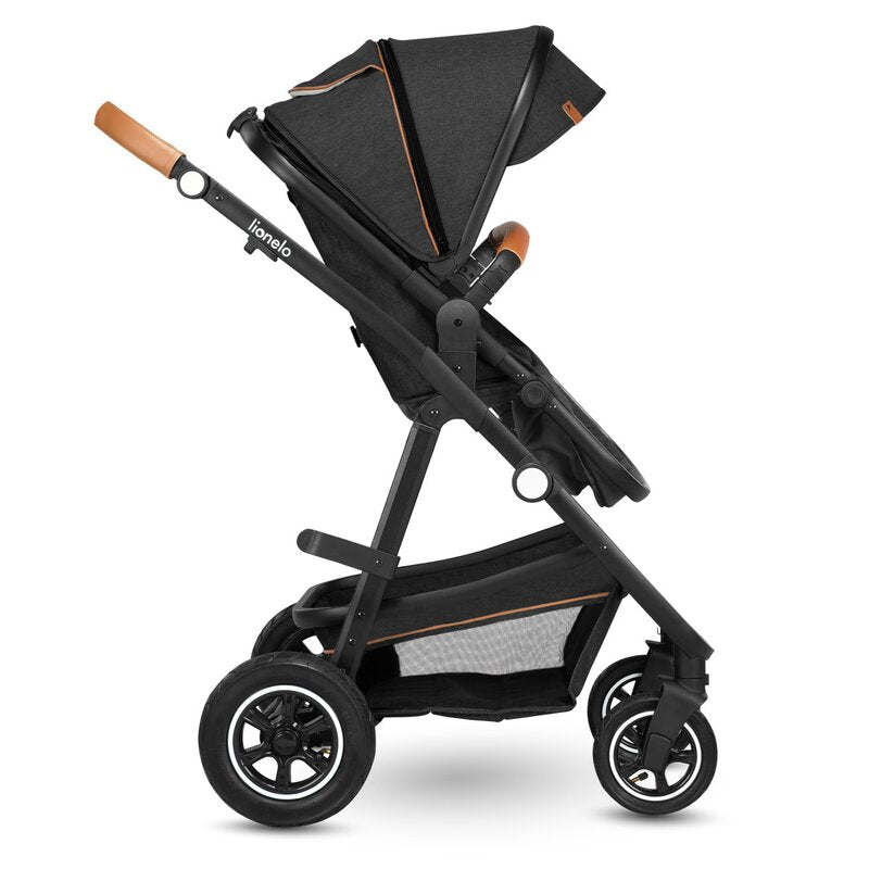 Carucior 3 in 1, Lionelo, Amber, Cadru aluminiu, Cu landou intarit si salteluta moale, Cu scoica auto testata ADAC, Reversibil, Cu accesorii, Geanta parinti, Pana la 22 kg, Gri Inchis