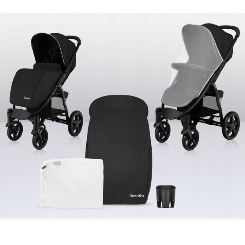 Carucior sport, Lionelo, Annet Plus, De la nastere, Cu accesorii si capotina XXL reglabila, 0 - 22 Kg, Conform cu standardele europene de securitate EN1888-1 si EN1888-2, Negru