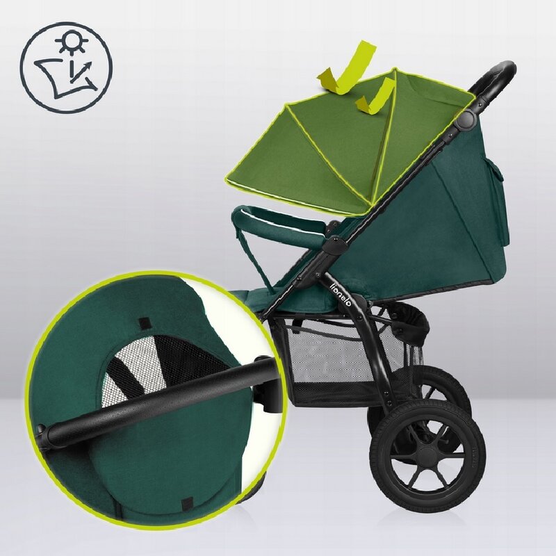 Carucior sport, Lionelo, Annet Tour, De la nastere, Cu capotina impermeabila, Cu filtru UPF 50+, Cu maner reglabil, Plasa de tantari, Suport biberon, Saculet pentru picioare, Pana la 22 kg, Cu certificare TUV, Verde