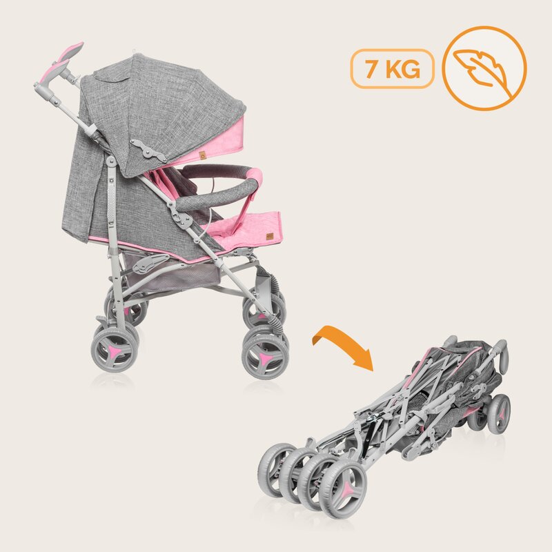 Carucior sport compact, Lionelo, Irma, Spatar ajustabil in 4 pozitii, Suport picioare reglabil, Manere rotative, Pliere tip umbrela, 6- 36 luni, Pana la 15 kg, Conform cu EN1888-1:2018, Roz
