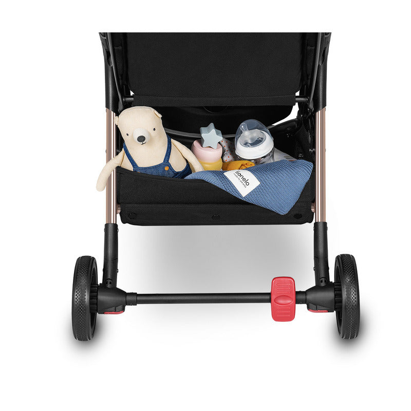 Carucior sport, Lionelo, Julie One, De la nastere, Greutate redusa, Cu accesorii, Cadru din aluminiu, 0-22 kg, Pliere compacta pentru avion, Conform cu standardele europene de securitate EN1888-1 si EN1888-2, Negru/Auriu