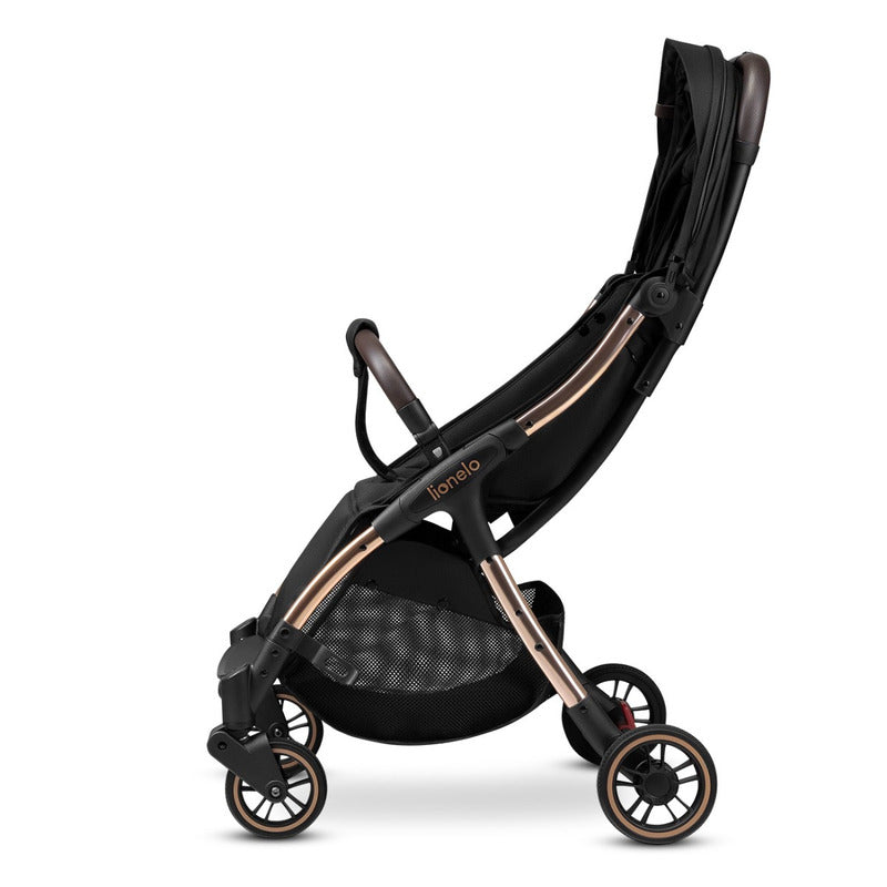 Carucior sport, Lionelo, Julie One, De la nastere, Greutate redusa, Cu accesorii, Cadru din aluminiu, 0-22 kg, Pliere compacta pentru avion, Conform cu standardele europene de securitate EN1888-1 si EN1888-2, Negru/Auriu