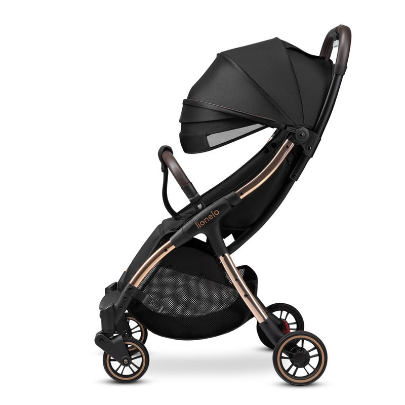 Carucior sport, Lionelo, Julie One, De la nastere, Greutate redusa, Cu accesorii, Cadru din aluminiu, 0-22 kg, Pliere compacta pentru avion, Conform cu standardele europene de securitate EN1888-1 si EN1888-2, Negru/Auriu