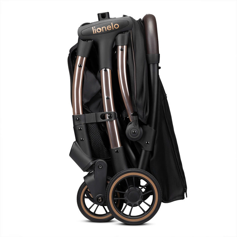 Carucior sport, Lionelo, Julie One, De la nastere, Greutate redusa, Cu accesorii, Cadru din aluminiu, 0-22 kg, Pliere compacta pentru avion, Conform cu standardele europene de securitate EN1888-1 si EN1888-2, Negru/Auriu