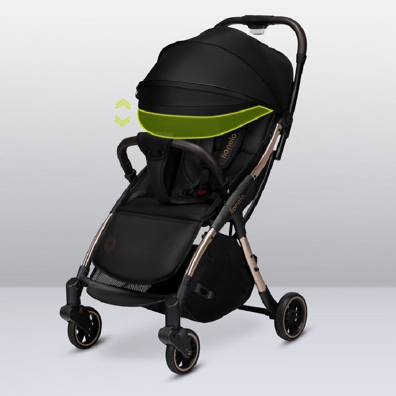 Carucior sport, Lionelo, Julie One, De la nastere, Greutate redusa, Cu accesorii, Cadru din aluminiu, 0-22 kg, Pliere compacta pentru avion, Conform cu standardele europene de securitate EN1888-1 si EN1888-2, Negru/Auriu