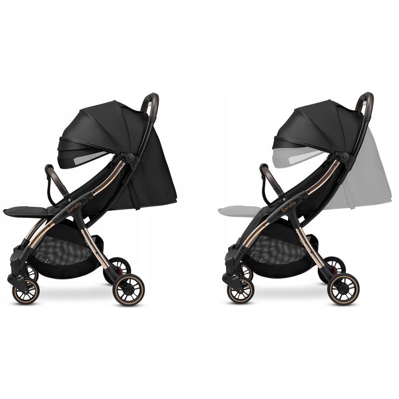 Carucior sport, Lionelo, Julie One, De la nastere, Greutate redusa, Cu accesorii, Cadru din aluminiu, 0-22 kg, Pliere compacta pentru avion, Conform cu standardele europene de securitate EN1888-1 si EN1888-2, Negru/Auriu