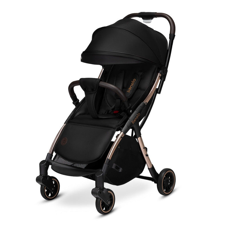 Carucior sport, Lionelo, Julie One, De la nastere, Greutate redusa, Cu accesorii, Cadru din aluminiu, 0-22 kg, Pliere compacta pentru avion, Conform cu standardele europene de securitate EN1888-1 si EN1888-2, Negru/Auriu