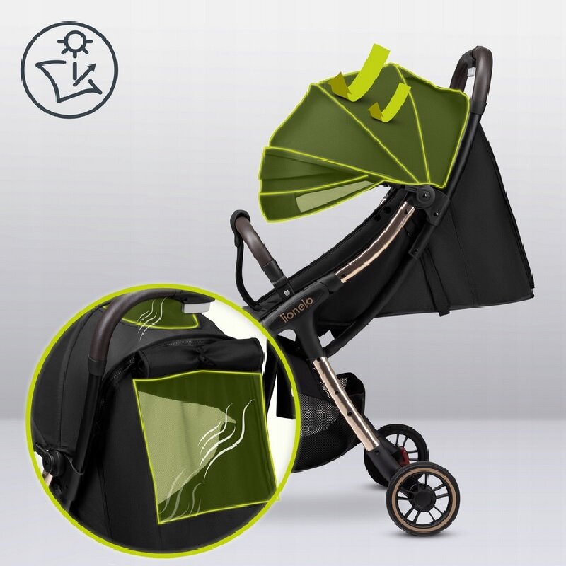 Carucior sport, Lionelo, Julie One, De la nastere, Greutate redusa, Cu accesorii, Cadru din aluminiu, 0-22 kg, Pliere compacta pentru avion, Conform cu standardele europene de securitate EN1888-1 si EN1888-2, Negru/Auriu