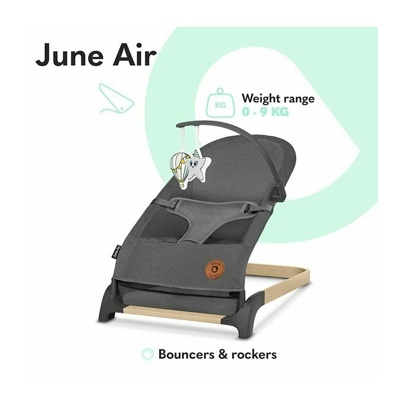 Fotoliu balansoar, Lionelo June AIR, Cu arcada cu jucarii, Ergonomic, Permite circulatia aerului, Balansare manuala, Pliabil, 0 luni+, Gri