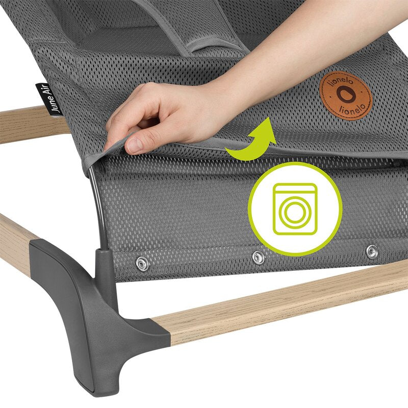 Fotoliu balansoar, Lionelo June AIR, Cu arcada cu jucarii, Ergonomic, Permite circulatia aerului, Balansare manuala, Pliabil, 0 luni+, Gri