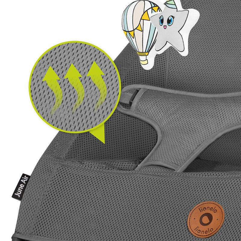 Fotoliu balansoar, Lionelo June AIR, Cu arcada cu jucarii, Ergonomic, Permite circulatia aerului, Balansare manuala, Pliabil, 0 luni+, Gri