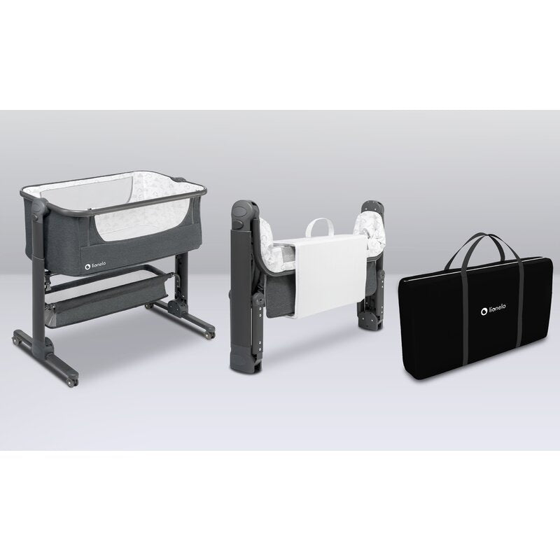 Patut co-sleeper, Lionelo, Timon, 3 in 1, Pliabil, Cu setare unghiulara, Reglabil in 6 pozitii pe inaltime, Din Aluminiu, 90x50 cm, Conform cu standardele europeane de securitate EN1130 si EN16890, Gri