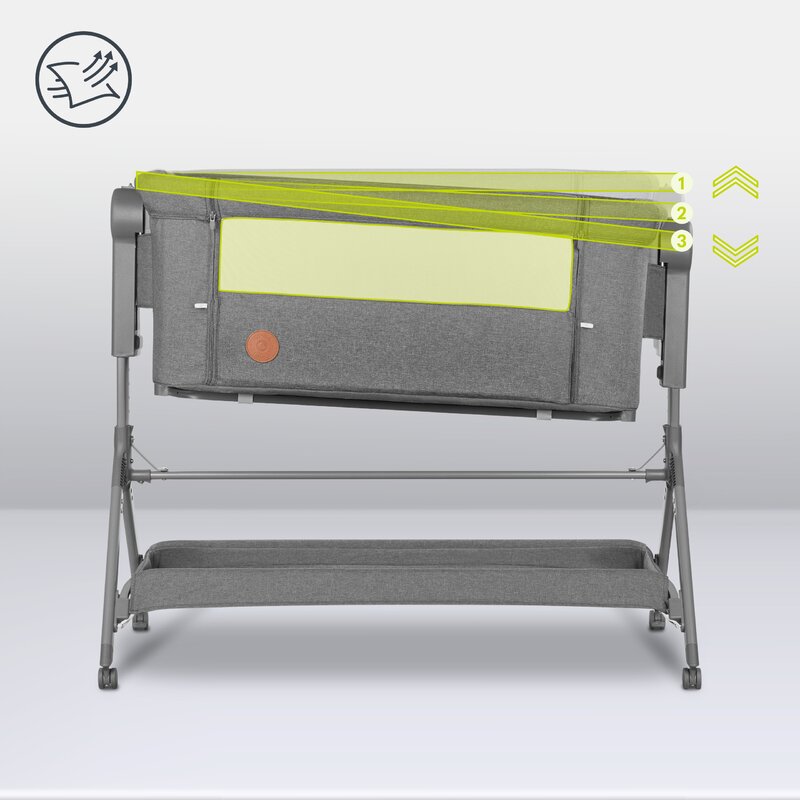 Patut co-sleeper, Lionelo, Leonie, Plus, Pliabil, Cu sistem de leganare, Cu setare unghiulara, Reglabil in 6 pozitii pe inaltime, Conform cu standardele europeane de securitate EN1130 si EN16890, Gri
