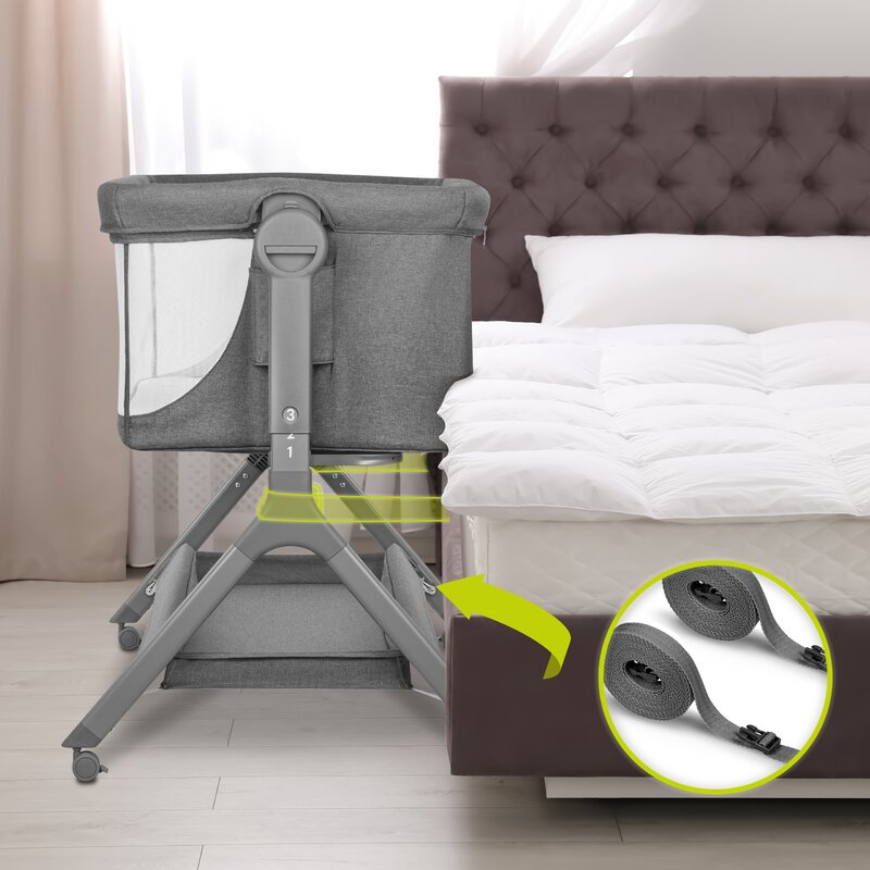 Patut co-sleeper, Lionelo, Leonie, Plus, Pliabil, Cu sistem de leganare, Cu setare unghiulara, Reglabil in 6 pozitii pe inaltime, Conform cu standardele europeane de securitate EN1130 si EN16890, Gri