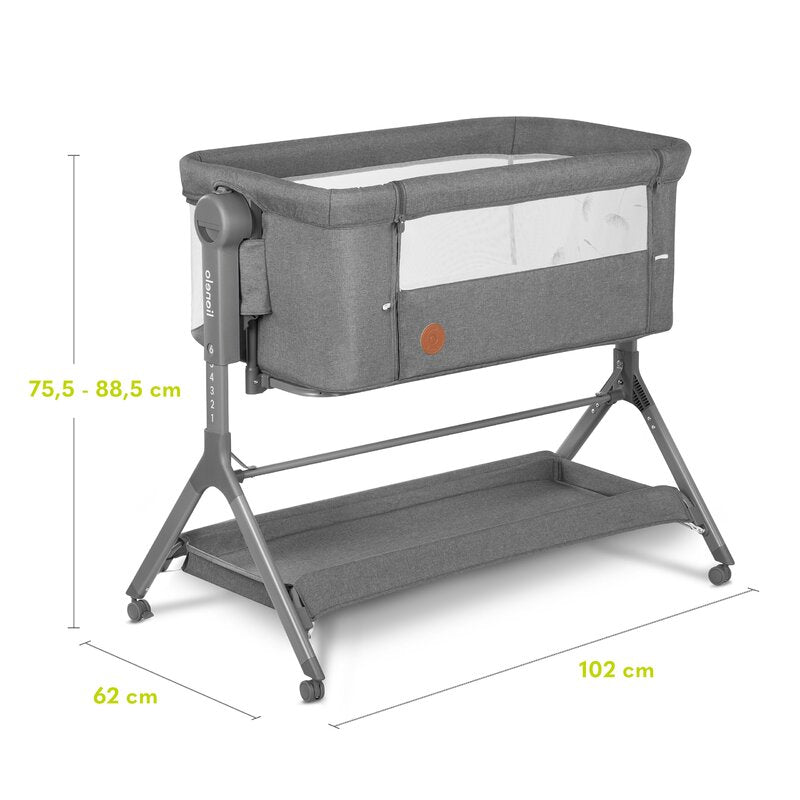 Patut co-sleeper, Lionelo, Leonie, Plus, Pliabil, Cu sistem de leganare, Cu setare unghiulara, Reglabil in 6 pozitii pe inaltime, Conform cu standardele europeane de securitate EN1130 si EN16890, Gri