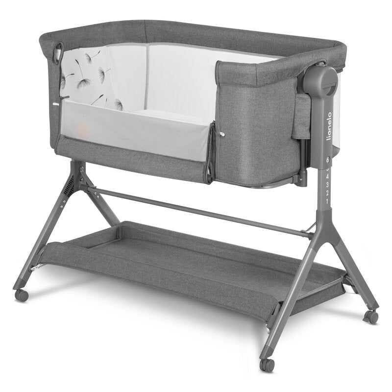 Patut co-sleeper, Lionelo, Leonie, Plus, Pliabil, Cu sistem de leganare, Cu setare unghiulara, Reglabil in 6 pozitii pe inaltime, Conform cu standardele europeane de securitate EN1130 si EN16890, Gri