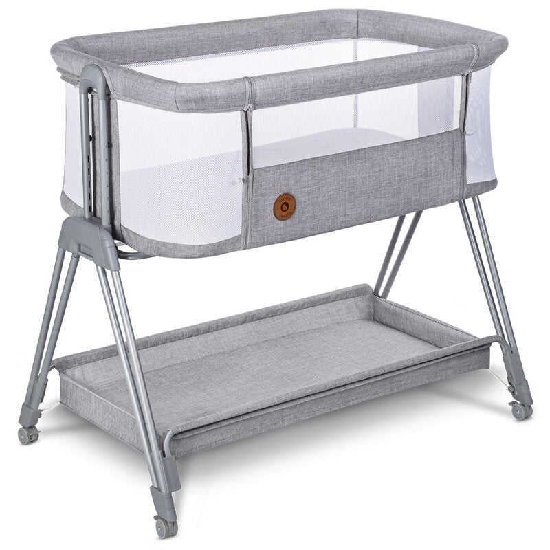 Patut co-sleeper, Lionelo, Luna, 2 in 1, Cu laterala culisanta, Cu setare unghiulara, Cu roti, Reglabil in 6 pozitii pe inaltime, Gri deschis