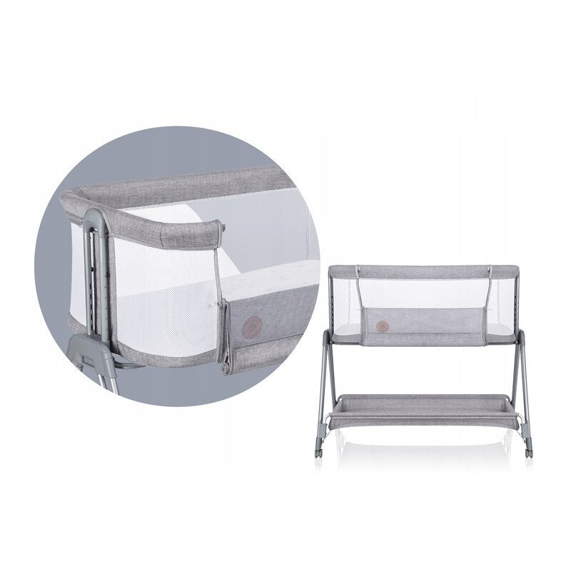Patut co-sleeper, Lionelo, Luna, 2 in 1, Cu laterala culisanta, Cu setare unghiulara, Cu roti, Reglabil in 6 pozitii pe inaltime, Gri deschis