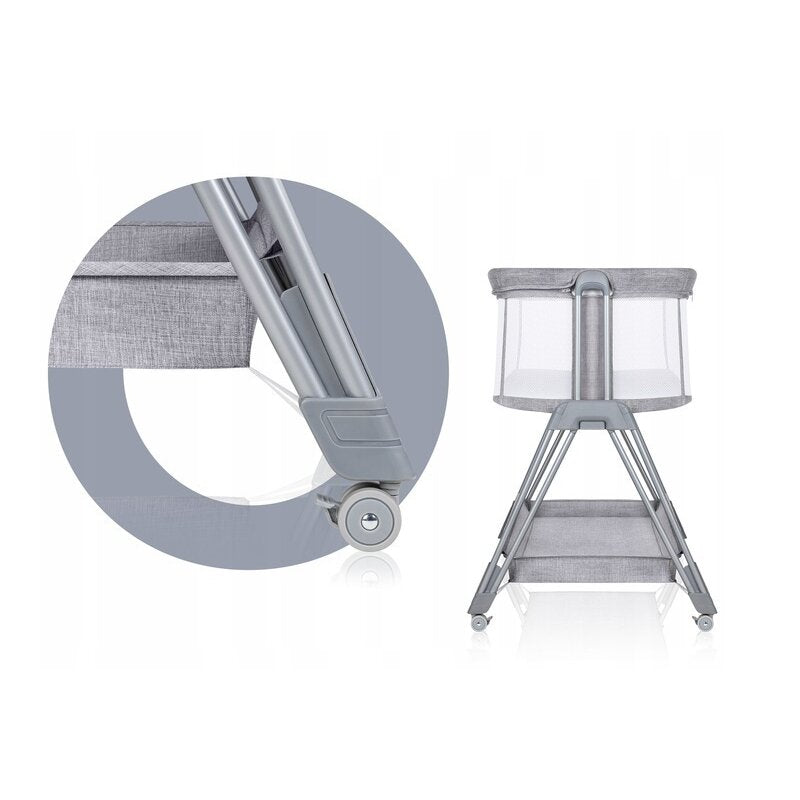 Patut co-sleeper, Lionelo, Luna, 2 in 1, Cu laterala culisanta, Cu setare unghiulara, Cu roti, Reglabil in 6 pozitii pe inaltime, Gri deschis