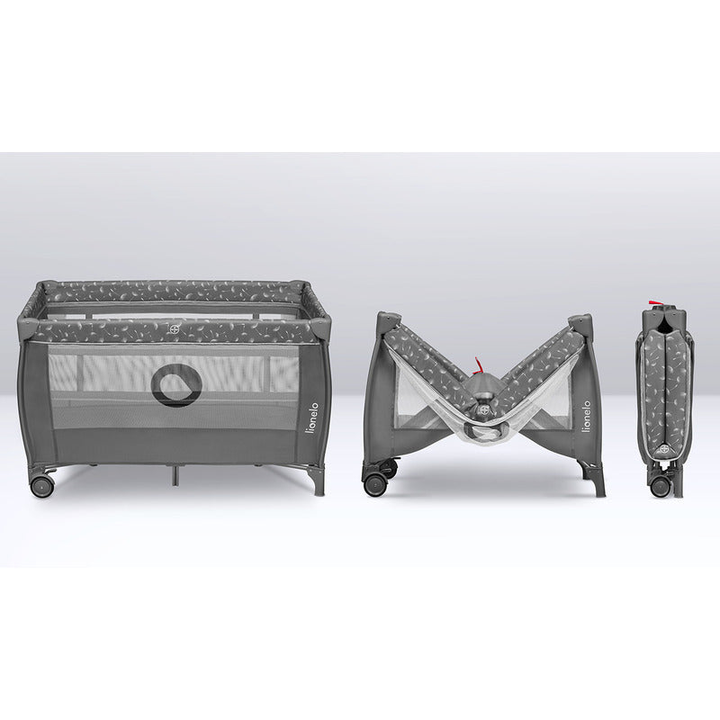 Patut pliant, Lionelo, Stefi Plus, Cu doua nivele, Cu intrare laterala cu fermoar, 2 roti, 120x60 cm, Conform cu standardul european de securitate EN 716, Gri