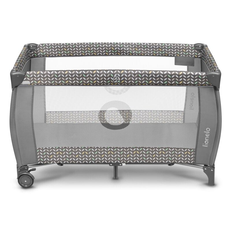 Patut pliant, Lionelo, Sven Plus, 120x60 cm, Cu doua nivele, Cu arcada jucarii, masuta de infasat, vibratii, melodii  conform cu standardele europeane de securitate EN716 si EN12221, Grey Scandi