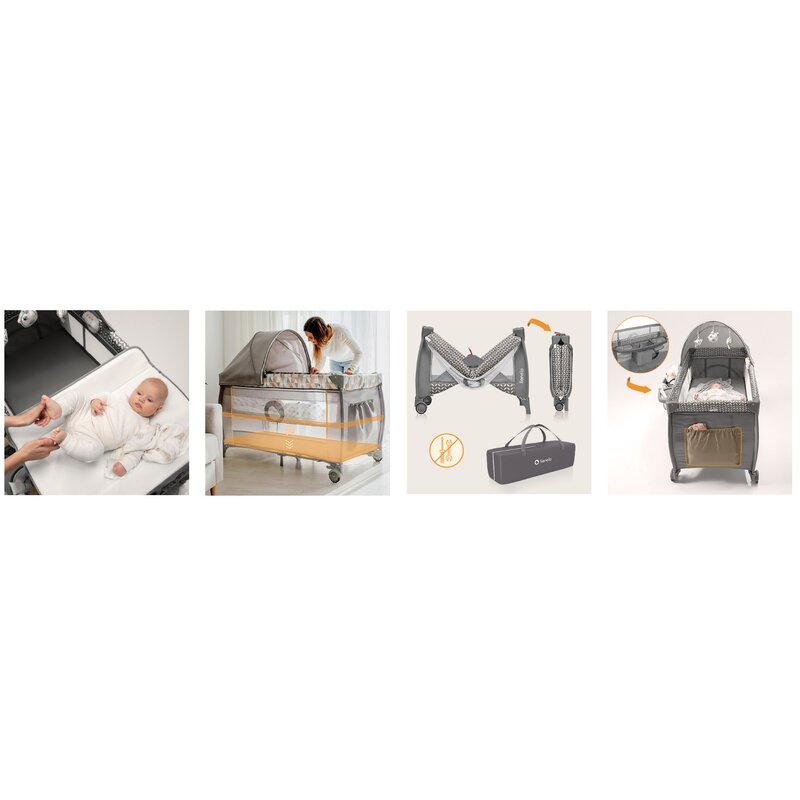 Patut pliant, Lionelo, Sven Plus, 120x60 cm, Cu doua nivele, Cu arcada jucarii, masuta de infasat, vibratii, melodii  conform cu standardele europeane de securitate EN716 si EN12221, Grey Scandi