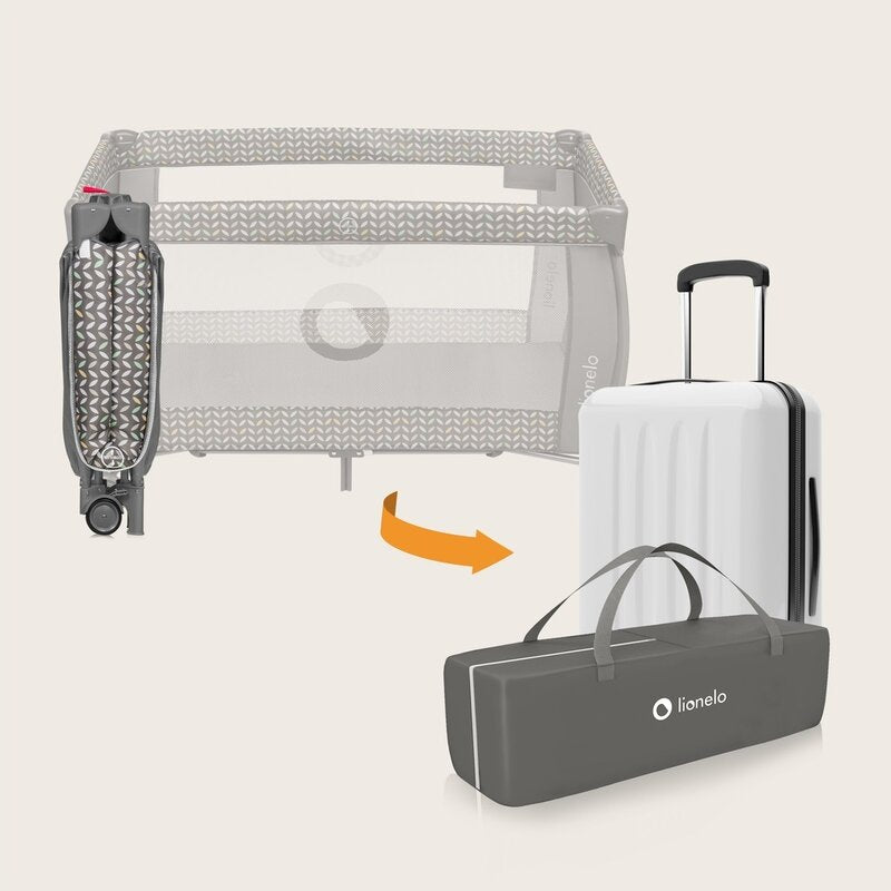 Patut pliant, Lionelo, Sven Plus, 120x60 cm, Cu doua nivele, Cu arcada jucarii, masuta de infasat, vibratii, melodii  conform cu standardele europeane de securitate EN716 si EN12221, Grey Scandi