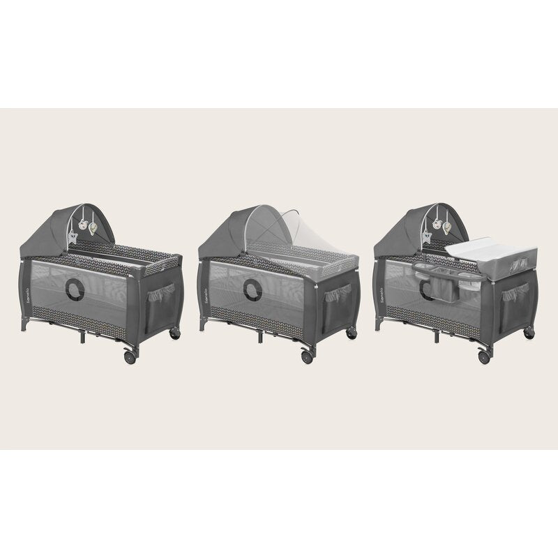 Patut pliant, Lionelo, Sven Plus, 120x60 cm, Cu doua nivele, Cu arcada jucarii, masuta de infasat, vibratii, melodii  conform cu standardele europeane de securitate EN716 si EN12221, Grey Scandi