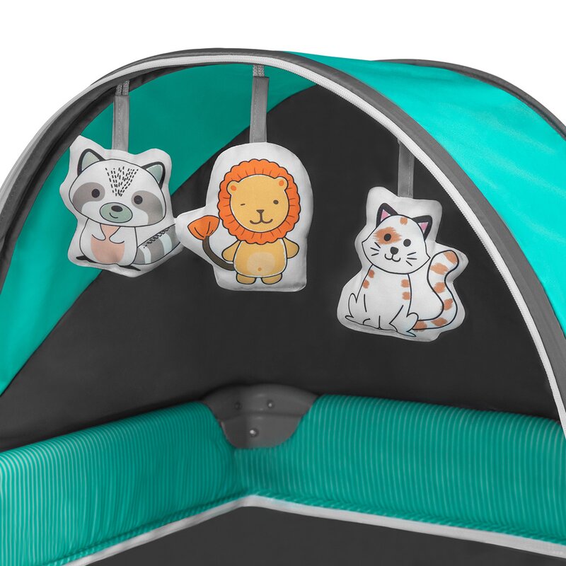 Patut pliant, Lionelo, Sven Plus, 120x60 cm, Cu doua nivele, Cu arcada jucarii, masuta de infasat, vibratii, melodii, conform cu standardele europeane de securitate EN716 si EN12221, Turcoaz/Gri