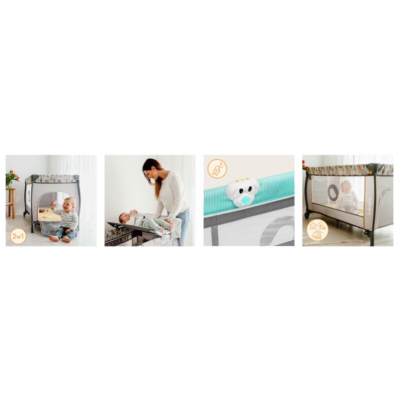 Patut pliant, Lionelo, Sven Plus, 120x60 cm, Cu doua nivele, Cu arcada jucarii, masuta de infasat, vibratii, melodii, conform cu standardele europeane de securitate EN716 si EN12221, Turcoaz/Gri