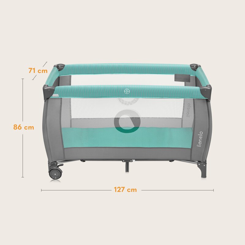 Patut pliant, Lionelo, Sven Plus, 120x60 cm, Cu doua nivele, Cu arcada jucarii, masuta de infasat, vibratii, melodii, conform cu standardele europeane de securitate EN716 si EN12221, Turcoaz/Gri