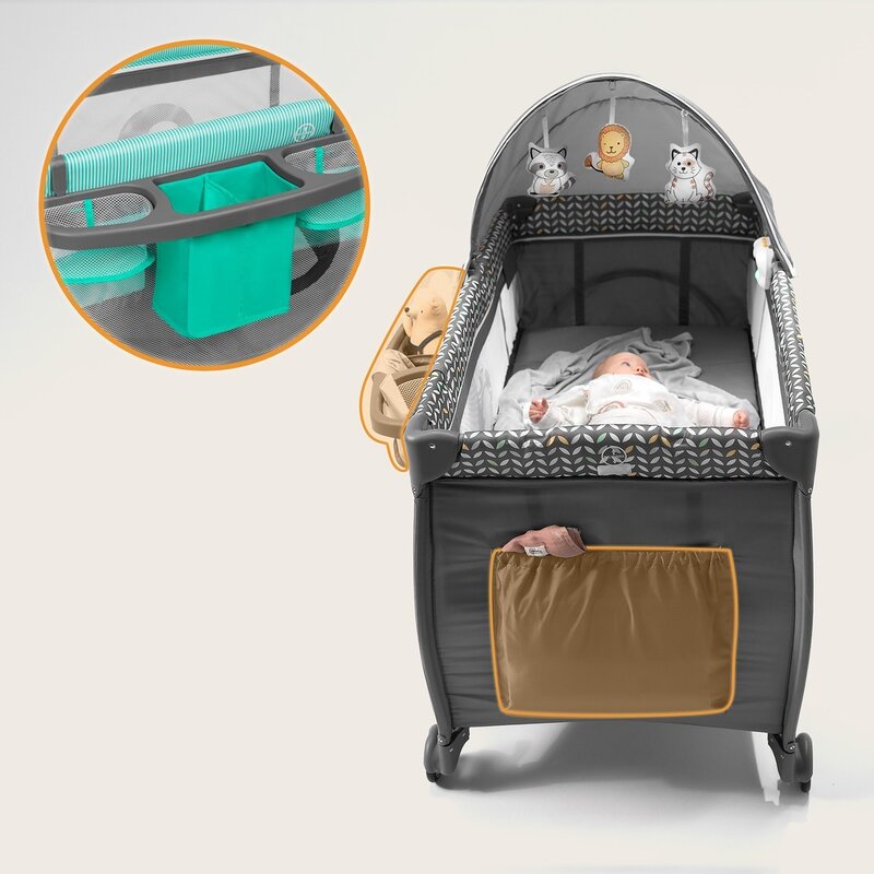 Patut pliant, Lionelo, Sven Plus, 120x60 cm, Cu doua nivele, Cu arcada jucarii, masuta de infasat, vibratii, melodii, conform cu standardele europeane de securitate EN716 si EN12221, Turcoaz/Gri