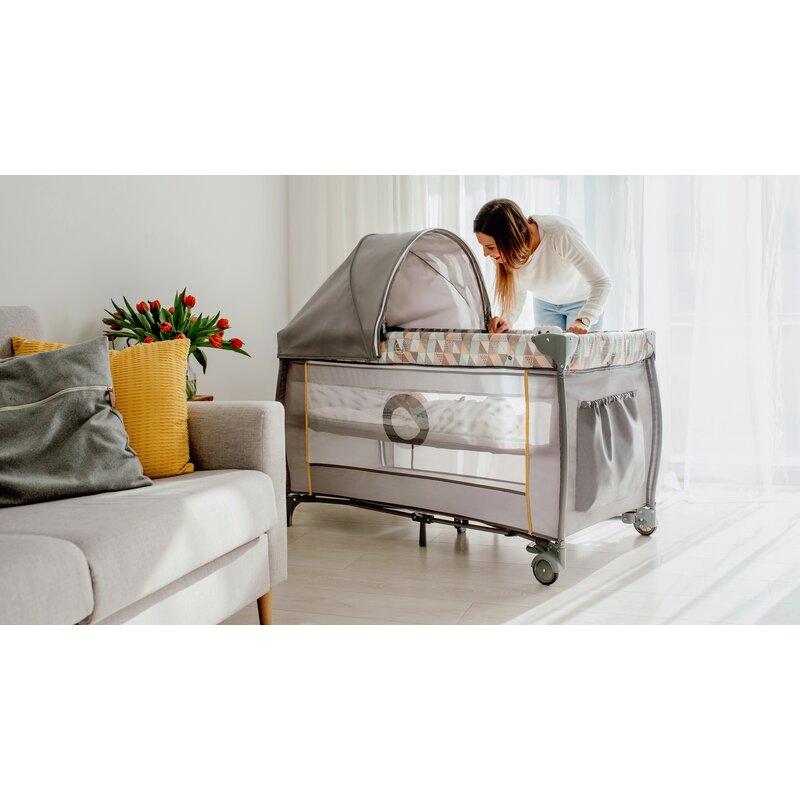 Patut pliant, Lionelo, Sven Plus, 120x60 cm, Cu doua nivele, Cu arcada jucarii, masuta de infasat, vibratii, melodii, conform cu standardele europeane de securitate EN716 si EN12221, Turcoaz/Gri