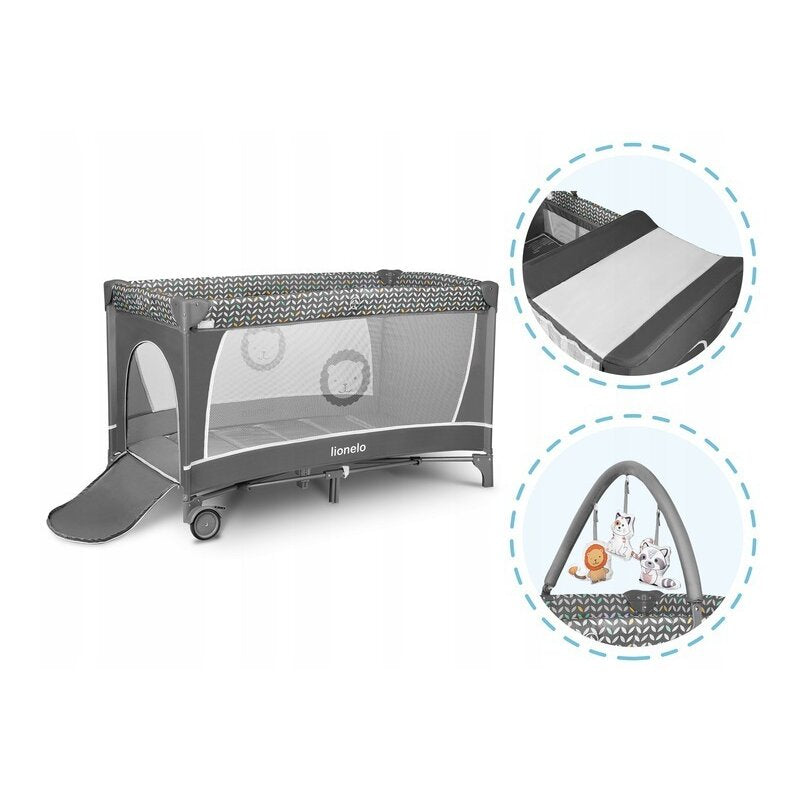 Patut pliant, Lionelo, Flower, Cu doua nivele, Cu arcada, Geanta transport, Masuta de infasat, Bara cu jucarii, Fereastra laterala, 120x60 cm, Conform cu standardele europeane de securitate EN 716 si EN12221, Gri