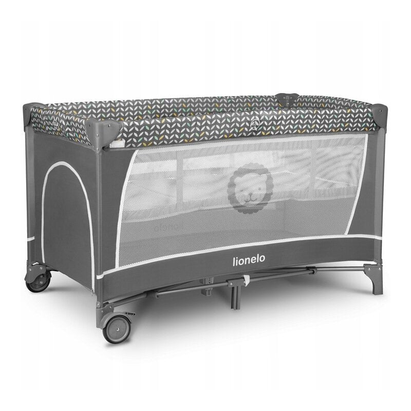 Patut pliant, Lionelo, Flower, Cu doua nivele, Cu arcada, Geanta transport, Masuta de infasat, Bara cu jucarii, Fereastra laterala, 120x60 cm, Conform cu standardele europeane de securitate EN 716 si EN12221, Gri