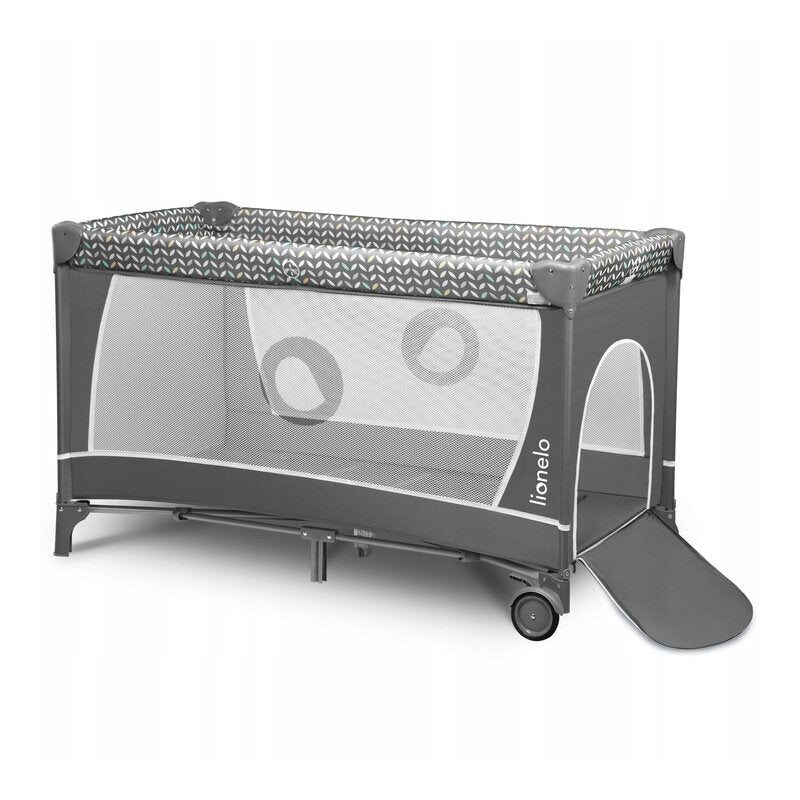 Patut pliant, Lionelo, Flower, Cu doua nivele, Cu arcada, Geanta transport, Masuta de infasat, Bara cu jucarii, Fereastra laterala, 120x60 cm, Conform cu standardele europeane de securitate EN 716 si EN12221, Gri