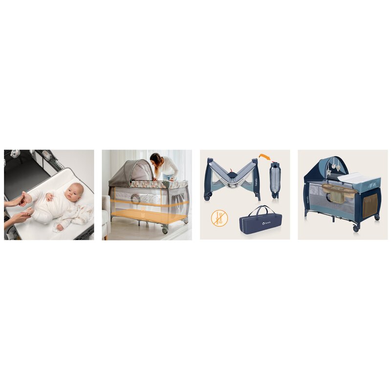 Patut pliant, Lionelo, Sven Plus, 120x60 cm, Cu doua nivele, Cu arcada jucarii, masuta de infasat, vibratii, melodii, conform cu standardele europeane de securitate EN716 si EN12221, Blue Navy