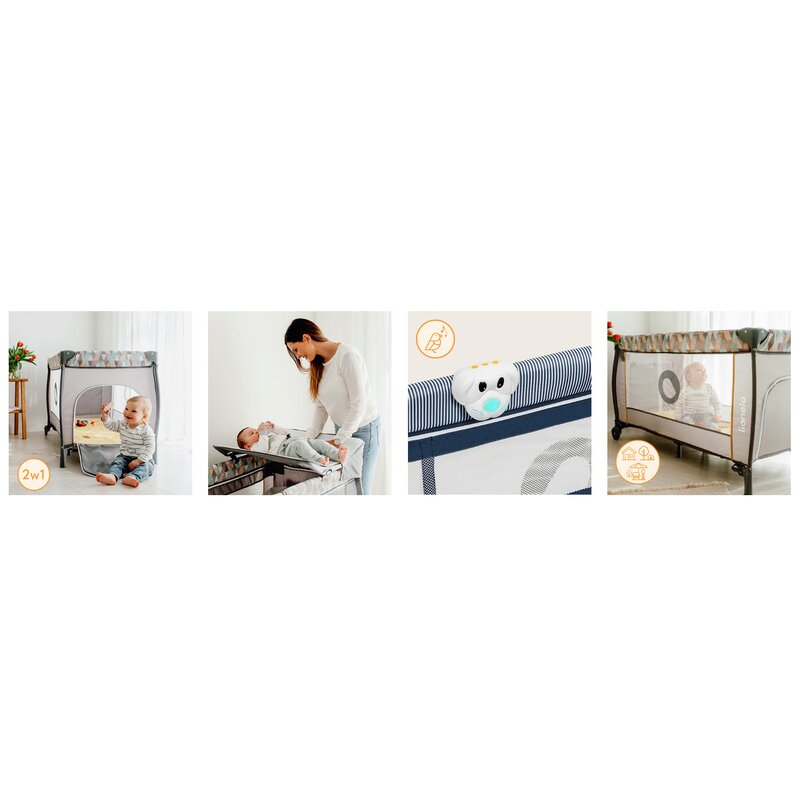 Patut pliant, Lionelo, Sven Plus, 120x60 cm, Cu doua nivele, Cu arcada jucarii, masuta de infasat, vibratii, melodii, conform cu standardele europeane de securitate EN716 si EN12221, Blue Navy