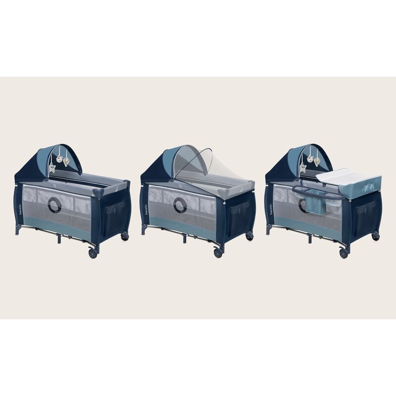 Patut pliant, Lionelo, Sven Plus, 120x60 cm, Cu doua nivele, Cu arcada jucarii, masuta de infasat, vibratii, melodii, conform cu standardele europeane de securitate EN716 si EN12221, Blue Navy