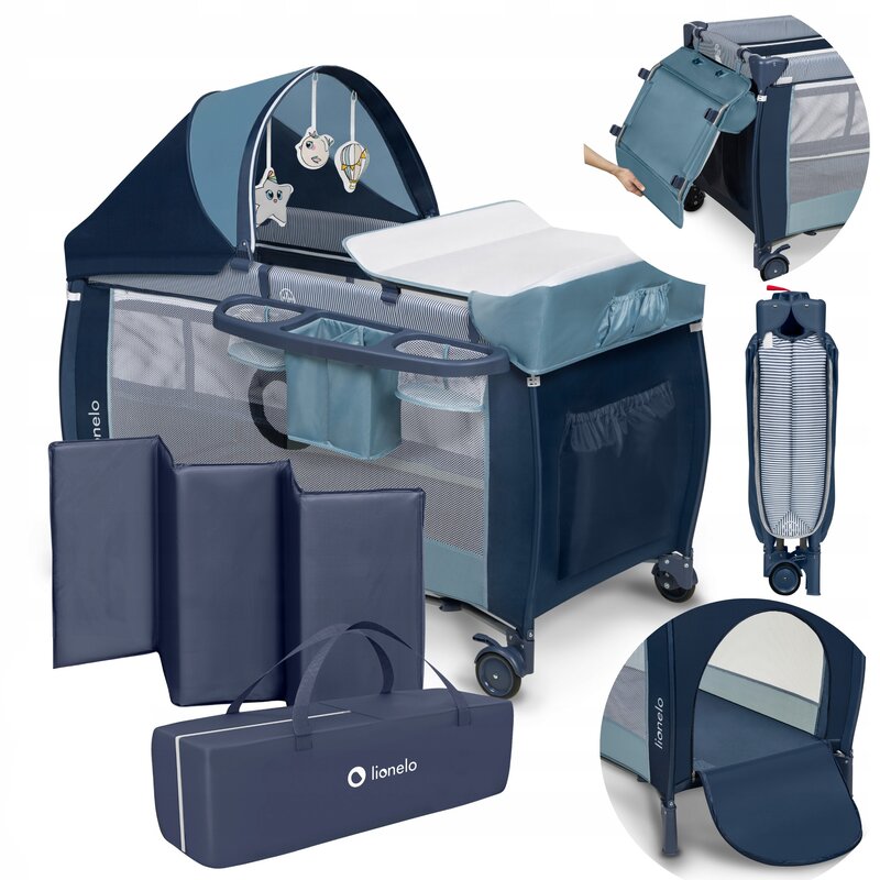 Patut pliant, Lionelo, Sven Plus, 120x60 cm, Cu doua nivele, Cu arcada jucarii, masuta de infasat, vibratii, melodii, conform cu standardele europeane de securitate EN716 si EN12221, Blue Navy
