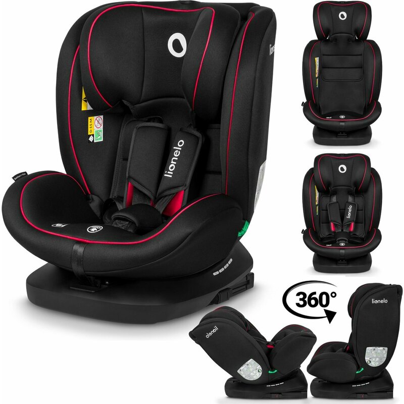 Scaun auto, Lionelo, Bastiaan i-Size, 4 in 1, Protectie laterala, Cu spatar inclinabil in 4 pozitii, Cu tetiera reglabila in 7 pozitii, Rotire 360 grade, Top Tether, 0-36 Kg, 40-150 cm, Cu Isofix, Conform cu ECE R129/03, Negru/Rosu