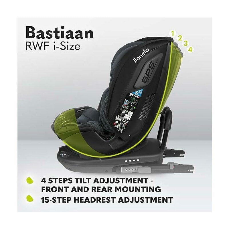 Scaun auto, Lionelo, Bastiaan RWF i-Size, Pozitie de somn, Protectie laterala, Rotire 360 grade, 0-36 Kg, Cu Isofix si Centura Top Tether, Conform cu standardul european de securitate ECE R129, Gri